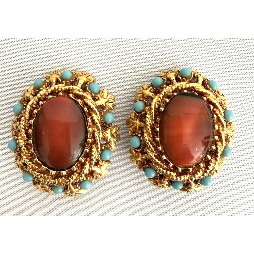 Vintage HAR Carnelian & Turquoise Clip-On Earrings